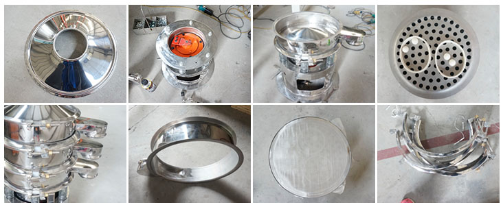 不銹鋼振動篩結(jié)構(gòu)展示:防塵蓋,出料口,閘門,篩網(wǎng)于彈跳球,底座,振動彈簧等。