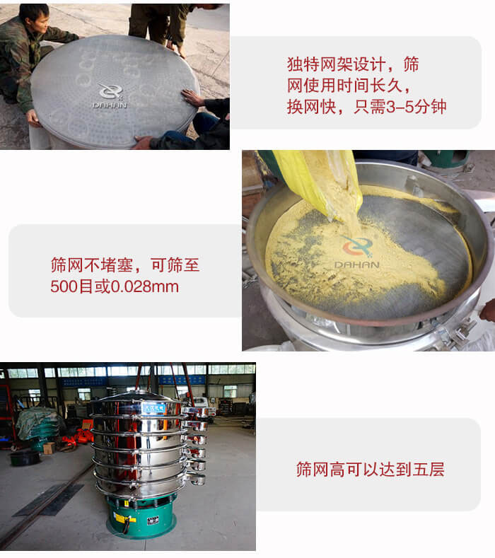 三次元振動篩的特點：篩網(wǎng)使用時間長換讓時間短，篩網(wǎng)不堵塞，可篩至500目或0.028mm。