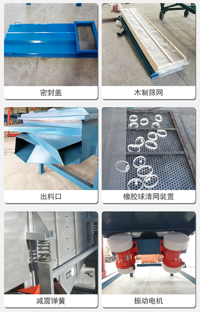 直線篩結構展示:篩網,篩箱,振動電機,振動電機座,減震彈簧,支架等部件展示圖