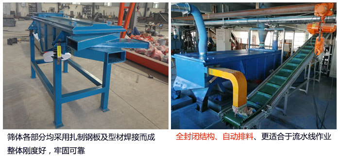 直線篩分機篩體各部分均采用扎制鋼板及型材焊接而成整體剛度好，牢固可靠；全封閉結構、自動排料、更適合于流水線作業。