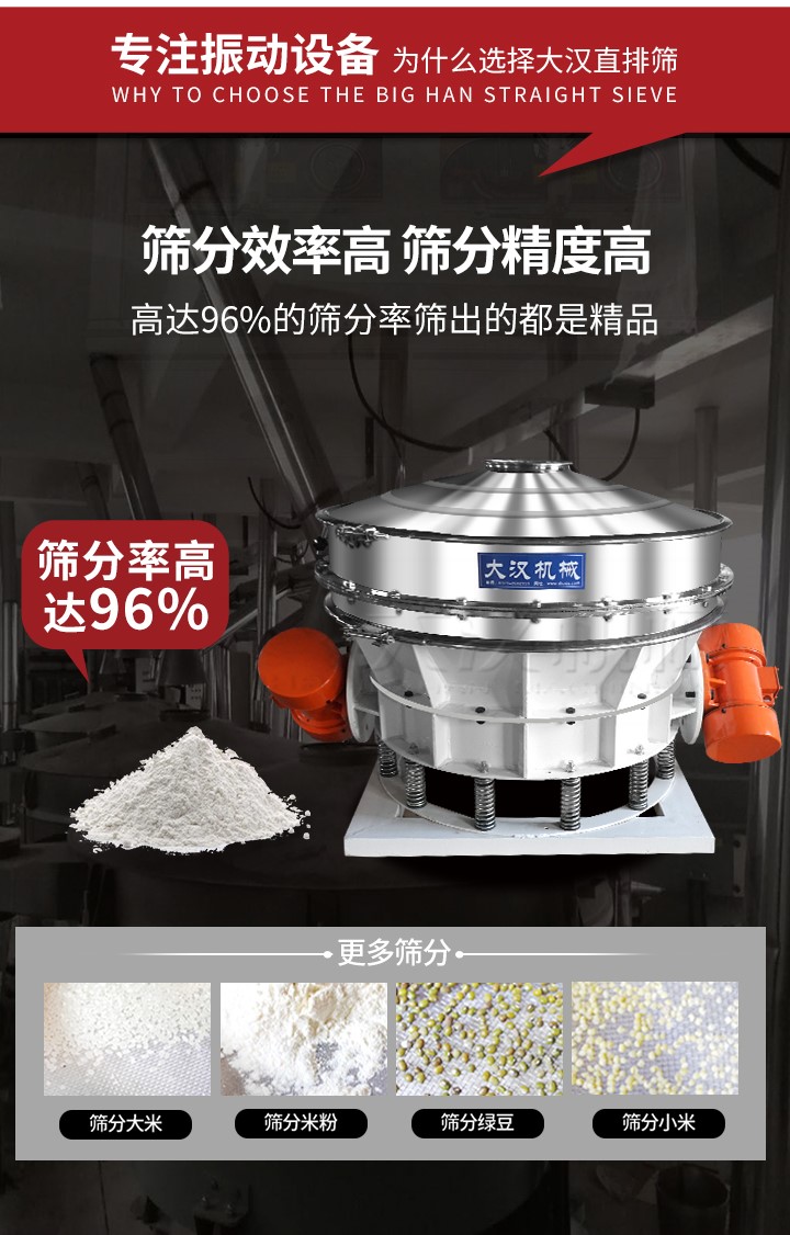 直排篩適用物料有面粉，淀粉，洗衣粉，金屬粉，添加劑，化工，非礦等行業。