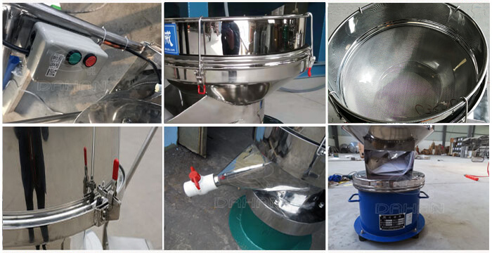 過濾篩細(xì)節(jié)展示:控制開關(guān),篩框,出料口閥門,底座等